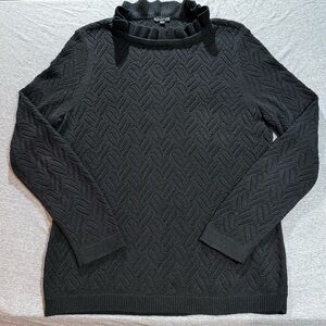 Talbots Ruffle Neck Pointelle Sweater Womens Size Large Black Textured Design